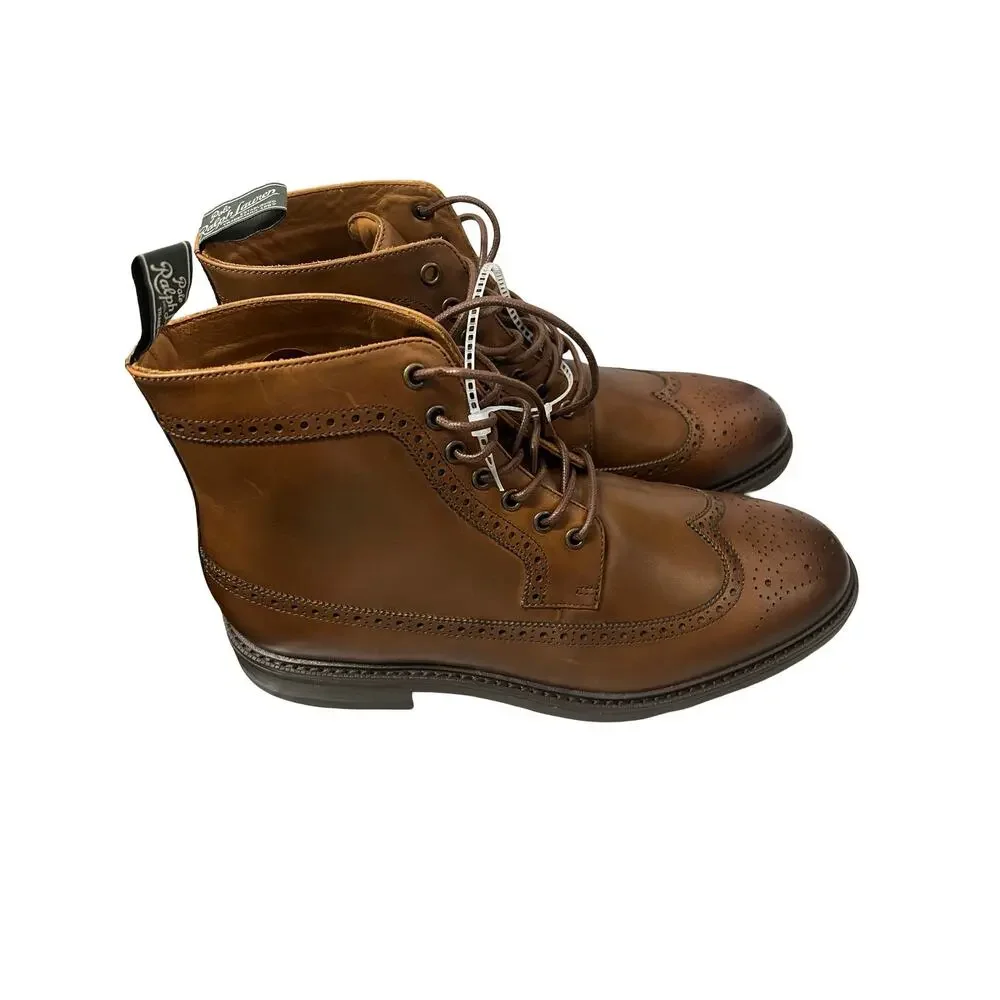 Polo Ralph Lauren Asher Wingtip Boots Mens 8 Brown Leather Brogue Dress